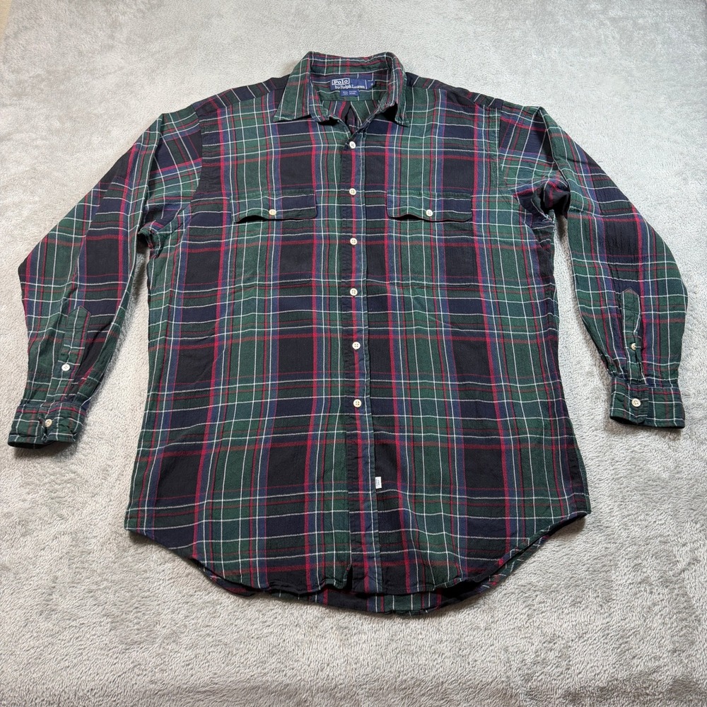 Vintage Polo Ralph Lauren Tartan Plaid Workshirt Men Medium Green Wool Blend